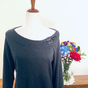 Ralph Lauren Cotton-blend Sweater w/Ballet Neck & Buckle Detail, Size XL, Gray